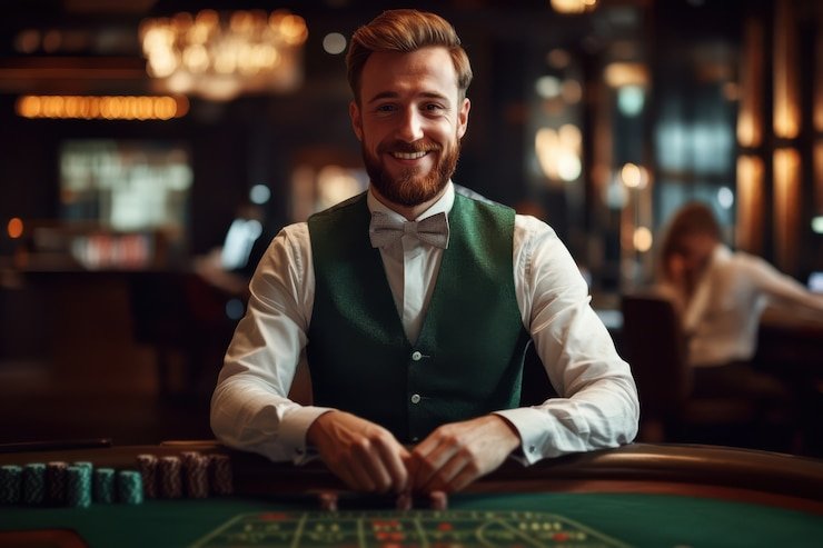 Tampilan meja blackjack langsung dengan dealer dan kartu yang terlihat jelas di layar mobile